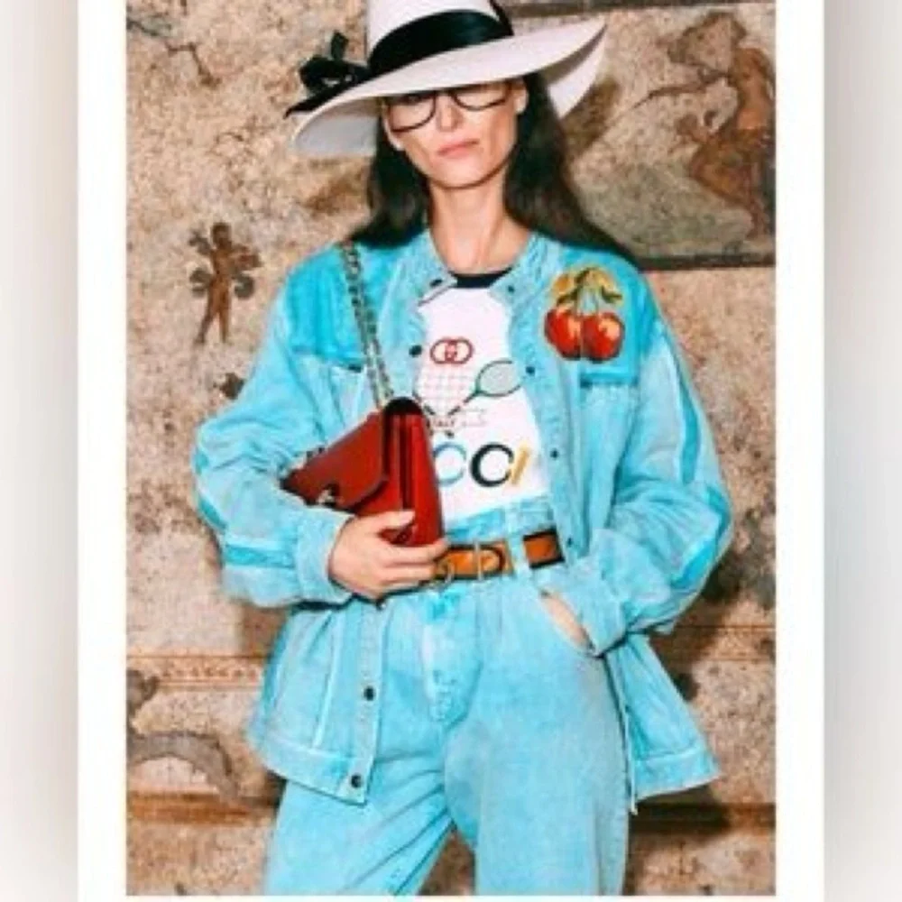 Gucci Turquoise Denim Cherry Embroidered Jacket Made in Italy Small - Picture 1 of 11